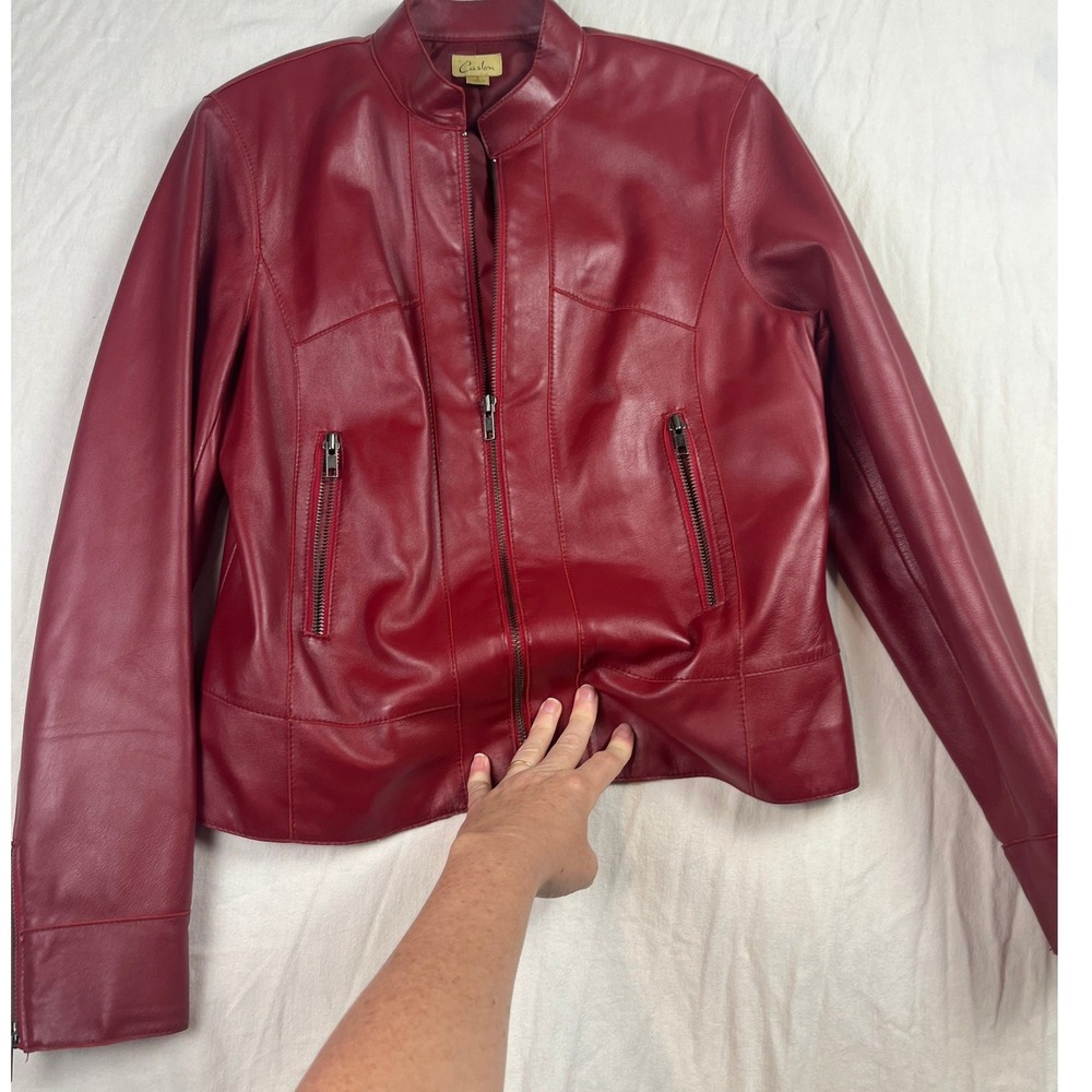 Caslon Red Genuine Leather Moto Jacket Zip Front Biker CN61414MI Womens Medium